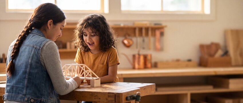 Kids wooden bridge building project with a mentor in workshop settings, young boy and mother creating DIY scale model on workbench, education concept for stem learning and creative crafting workshop.