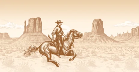 American wild west desert with a cowboy riding a horse with a monument valley like background © pingebat
