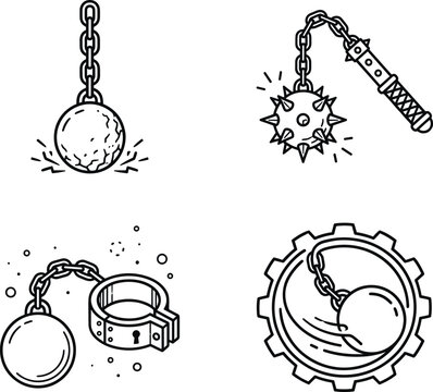 Medieval Flail Weapon Ball and Chain Wrecking Ball Shackle Prison Line Art Vector Icon Set
