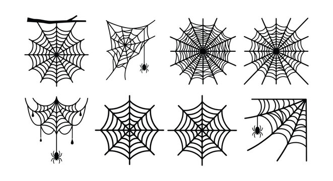 Spiderwebs And Spiders Black Silhouette Vector Illustration On White Background
