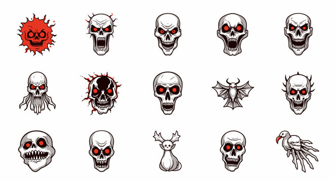A collection of various creepy skulls and demons on white background