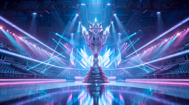 Futuristic esports championship trophy illuminated on a grand stadium stage with neon spotlights
