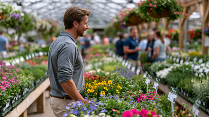Obraz premium May garden center at peak spring rush, horticulturist advising a customer on pollinator-friendly perennial plants, rows of labeled flats stretching down a greenhouse aisle,