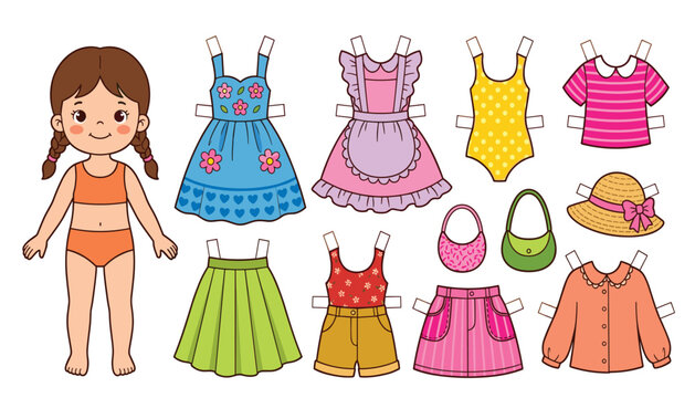 Paper doll girl character dress up fashion vector set. Cute wardrobe, dresses, skirts, blouses, hats and bags outfit stickers.