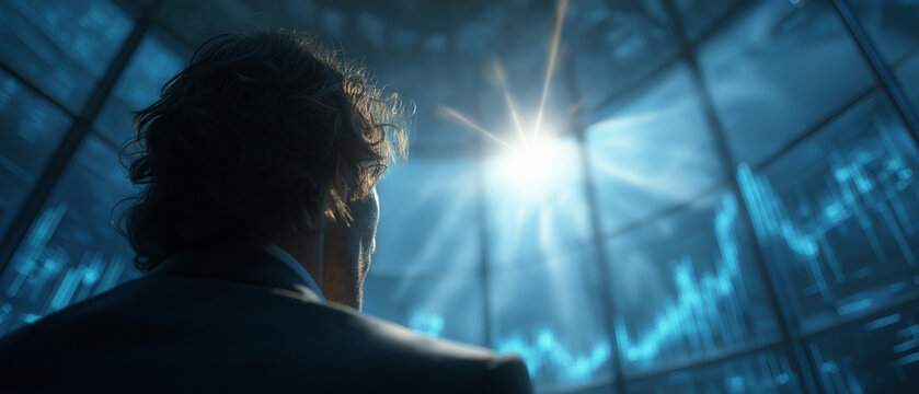 Financial Forefront: A determined businessman gazes at a dynamic stock market display, the vibrant blue graphs and radiating sunlight symbolizing foresight and ambition in the world of finance.