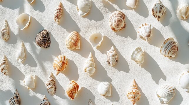 Diverse Collection of Seashells Artfully Arranged on a Textured Beach Towel Under Soft Sunlight