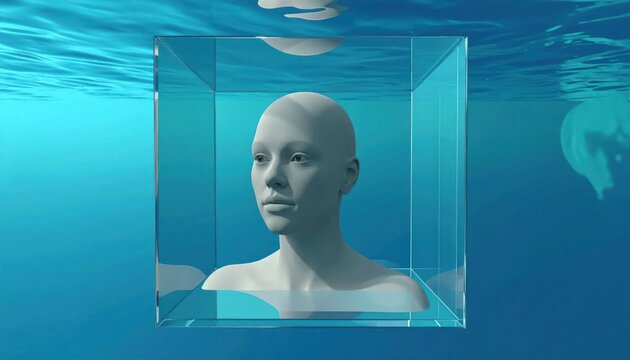 Realistic human head inside glass cube submerged underwater.