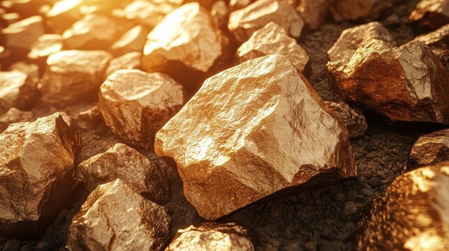 Close-up view of rough gold ore rocks reflecting sunlight, showcasing raw precious mineral deposits