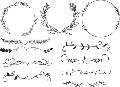 Hand drawn black minimalist laurel wreath and botanical leaf branch doodle collection set