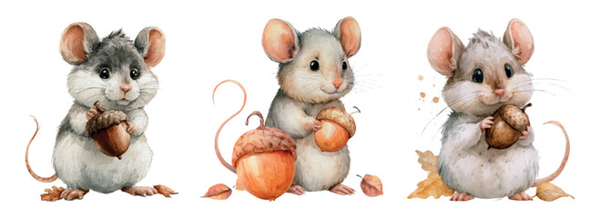 Three watercolor mice characters illustrating autumn harvest and woodland animal themes, holding acorns and creating a charming seasonal design element for children's projects © Mari