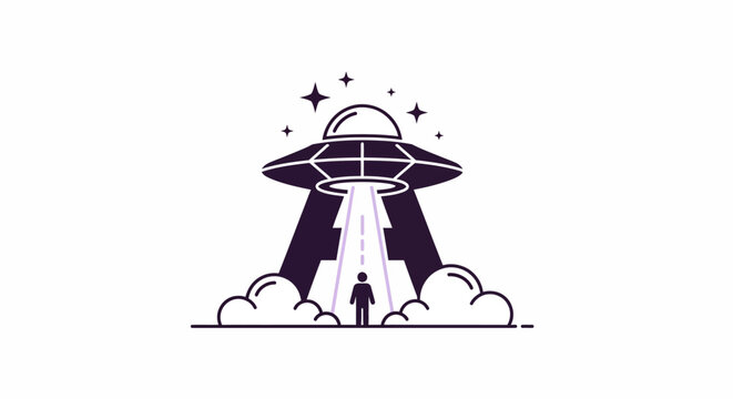 Minimalist flying saucer abducting person silhouette with stars
