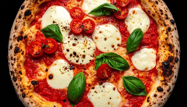 Gourmet Neapolitan Pizza Margherita with Fresh Mozzarella, Basil, and Cherry Tomatoes on Black Background