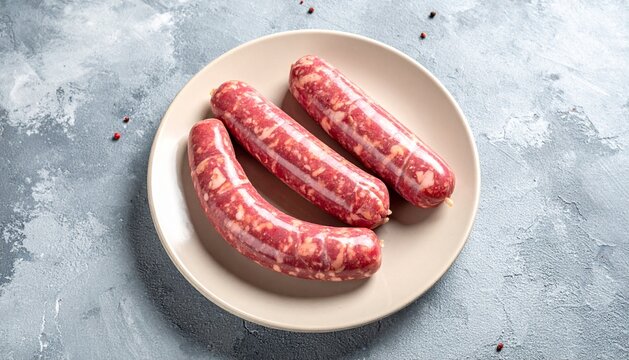 Three raw fresh beef sausages on a beige plate, grey textured background with peppercorns