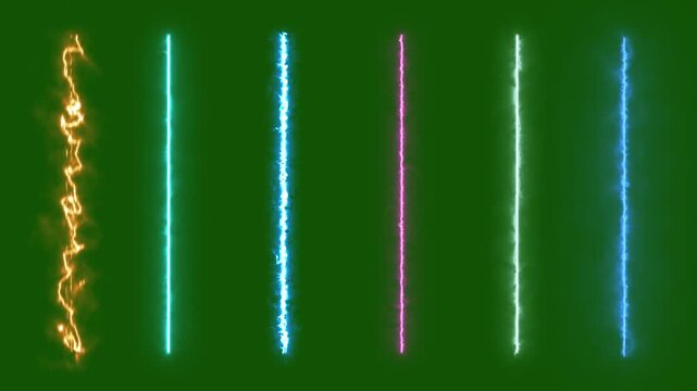 Collection of Colorful and Energy Vertical Lines Effects on a green screen background. Ideal for VFX compositing, video transitions, gaming effects, cinematic intros and motion graphics projects.