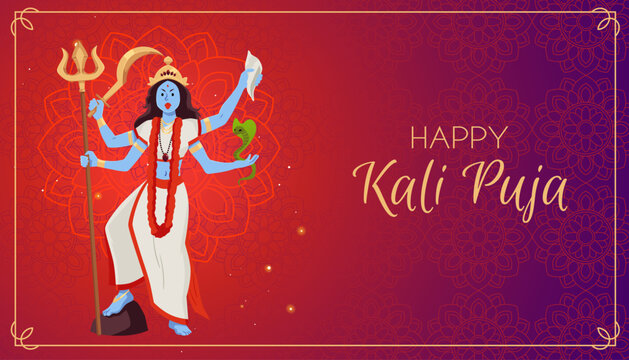 A blue-skinned, four-armed goddess Kali with a trident, sword, and snake on a red background.