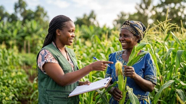 Two African women in agricultural field discussing crop growth, one holding corn while the other takes notes on a clipboard, lush greenery surrounding them