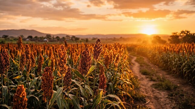 African agricultural field with tall sorghum plants illuminated by sunset, dirt path winding through the crop, mountains visible in the background