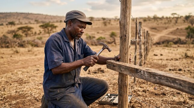 African male farmer using a hammer to secure wooden fence posts in a rural agricultural field with dry grass and sparse trees in the background
