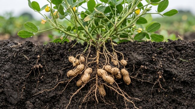 Peanut plant with visible roots and harvested peanuts emerging from dark soil in an agricultural field, showcasing the crop's growth and harvest process