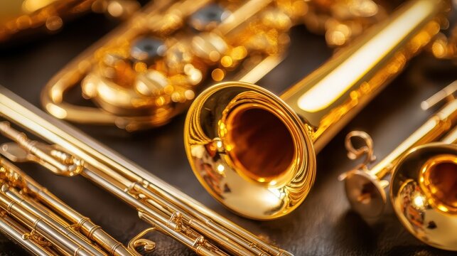 Exquisite gold-plated musical instruments, a detailed close-up of brass trumpets with a luxurious gleam, perfect for showcasing musical artistry.