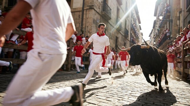 Encierro de San Ferm&iacute;n con corredores y toros en Pamplona
