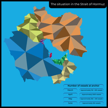 Strait of Hormuz shipping crisis infographic. Low poly vector map of Middle East with monthly statistics data on number of vessels at anchor for political news, media, and trade analysis.