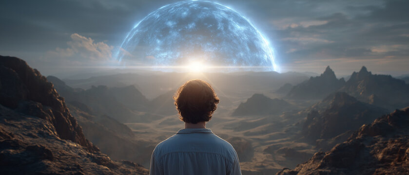 Cosmic Revelation: A lone figure gazes in awe at a colossal, luminous cosmic entity emerging from the horizon, silhouetted against a dramatic sky in a breathtaking scene of cosmic wonder.