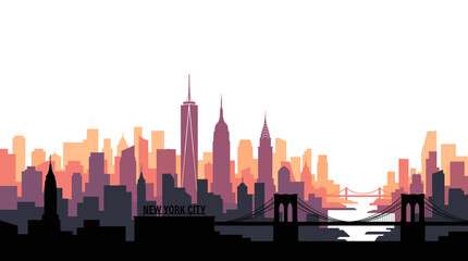 Obraz premium A vibrant, stylized silhouette of the New York City skyline at sunset, featuring iconic skyscrapers and bridges.