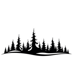 Obraz premium Silhouette of a dense evergreen forest on a white background.