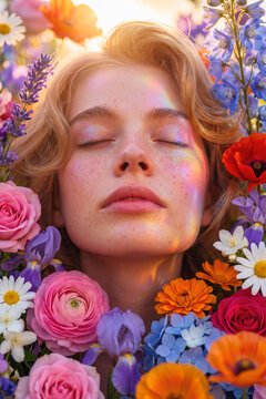Serene young woman with closed eyes lying down surrounded by colorful fresh flowers with a rainbow light reflection on her face