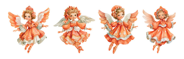 Obraz premium Whimsical orange angels with expressive eyes and curly hair are depicted in a charming watercolor style, portraying concepts of light, fantasy, and spirituality