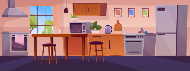 Obraz premium A home kitchen interior with wooden furniture, a table, stools, a window, and appliances.