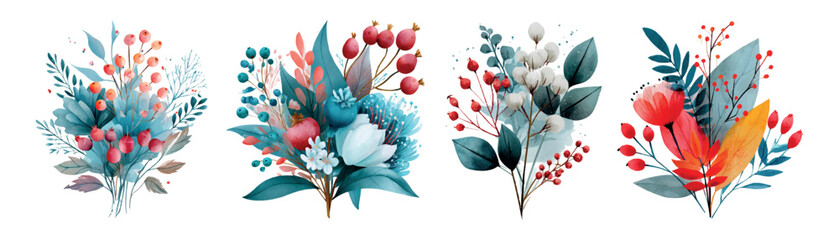 Watercolor bouquets displaying colorful winter floral arrangements, featuring berries, branches, leaves, and cotton, creating decorative botanical elements for seasonal design © Mari