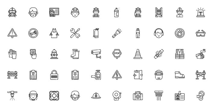Job Safety icon set. Vector icon set. Includes symbols for gas mask, face mask, helmet, firefighter, warning sign, fire extinguisher, boots, safety belt, life vest, first aid box and more.