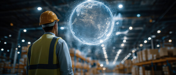 Fototapeta premium Warehouse Digital Globe Visualization: A worker in a safety helmet and vest stands in a vast warehouse, looking at a holographic projection of the Earth, symbolizing global logistics and technology.