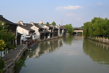 Obraz premium Traditional canal and historic water town houses in Jiaxing, Zhejiang, China