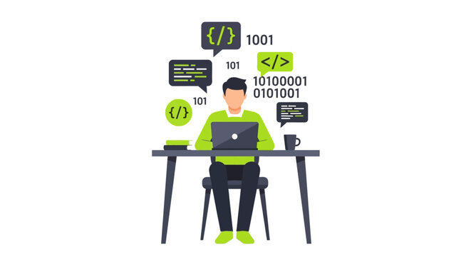 Software Developer Working on Laptop with Programming Icons and Binary Code Flat Vector Illustration