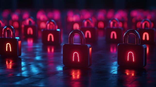 Glowing digital locks representing cybersecurity threats and secure barriers with dramatic neon lighting