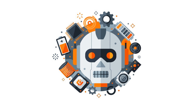 Cybernetic Robot Head with Electronic Hardware Components, Artificial Intelligence and Robotics Technology Flat Vector Illustration