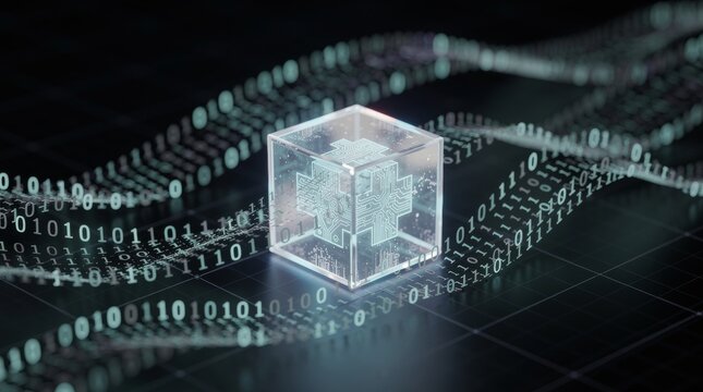 Transparent Digital Cube with Medical Symbol Amidst Binary Code