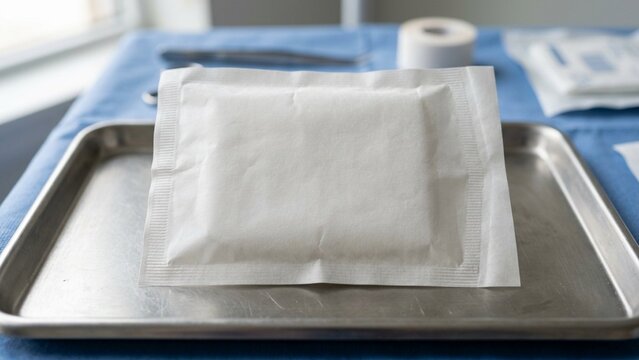 A sealed white sterile medical supply package rests on a stainless steel tray in a clinical environment.