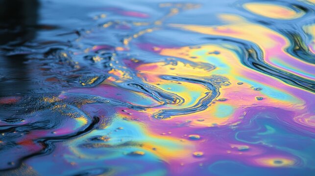 Iridescent oil slick patterns creating a rainbow on polluted water surface, abstract beauty of industrial contamination.