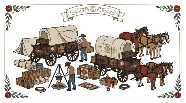 Vintage Western Illustration of Covered Wagons and Pioneers.
