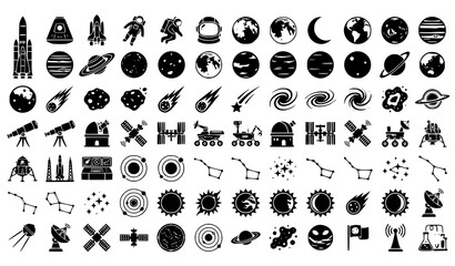 Astronomy and Space Mission Black Silhouette Icons Collection with Cosmic and Planetary Symbols © MstBrishti