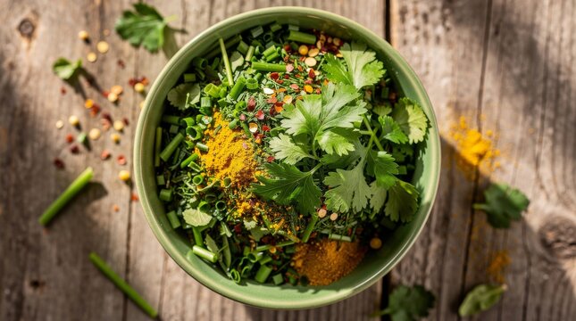 Fresh Chopped Herbs and Spices in a Bowl