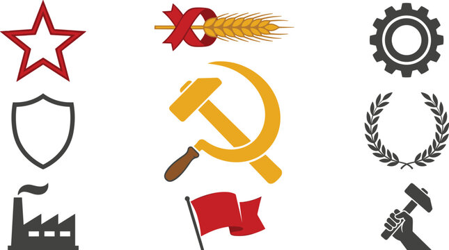 Soviet Communist and Socialist Ideology Icon Set Featuring Hammer and Sickle Red Star Flag Gear Factory and Wheat Symbols for Historical Graphic Designs