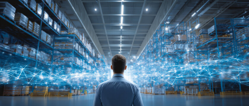 Smart Warehouse Vision: A man stands at the forefront of a futuristic warehouse, bathed in the glow of interconnected data streams and illuminated shelves.