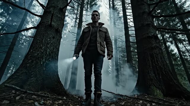 Man with flashlight walking through smoky dark forest searching in foggy woods