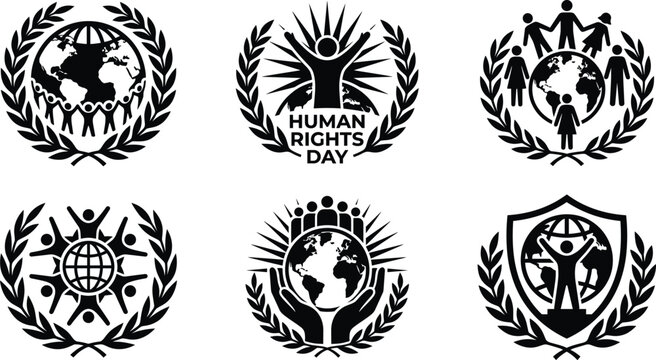 Vector Logo Set for Human Rights Day Featuring Global Unity Wreaths Shields and Diversity Emblems