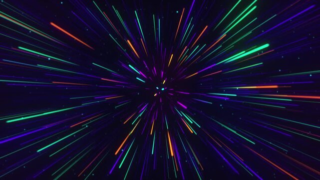 A dynamic abstraction with neon multicolored beams radiating from the center creates the effect of rapid movement in space. Suitable for technological design or graphic animation.